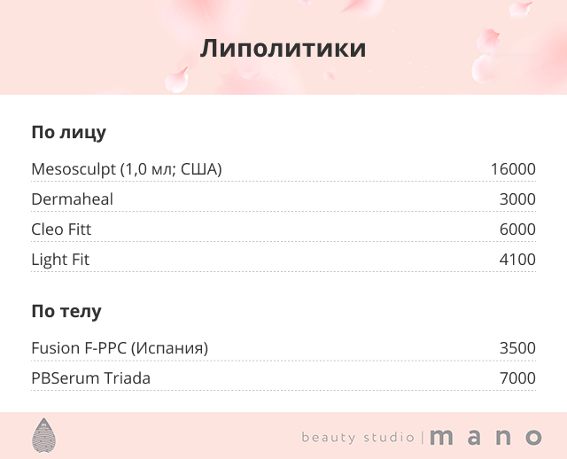 Прайс на услуги косметологии салона Мано, город Челябинск