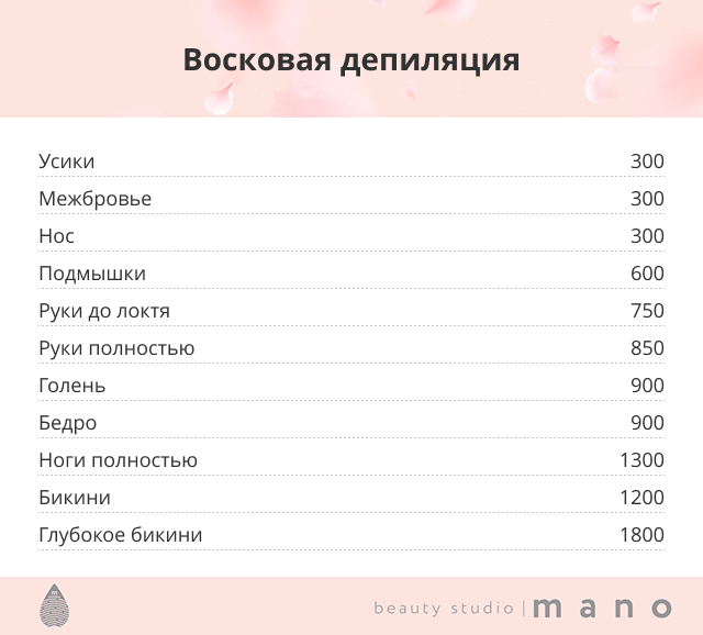 Прайс на услуги косметологии салона Мано, город Челябинск